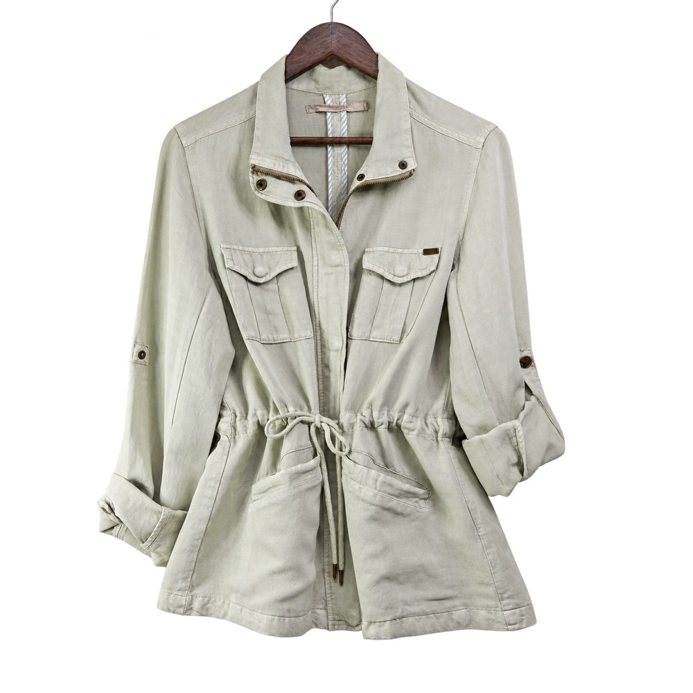 MAX JEANS Sage Linen Blend Utility Jacket Drawstring Waist Roll Tab Sleeves Med